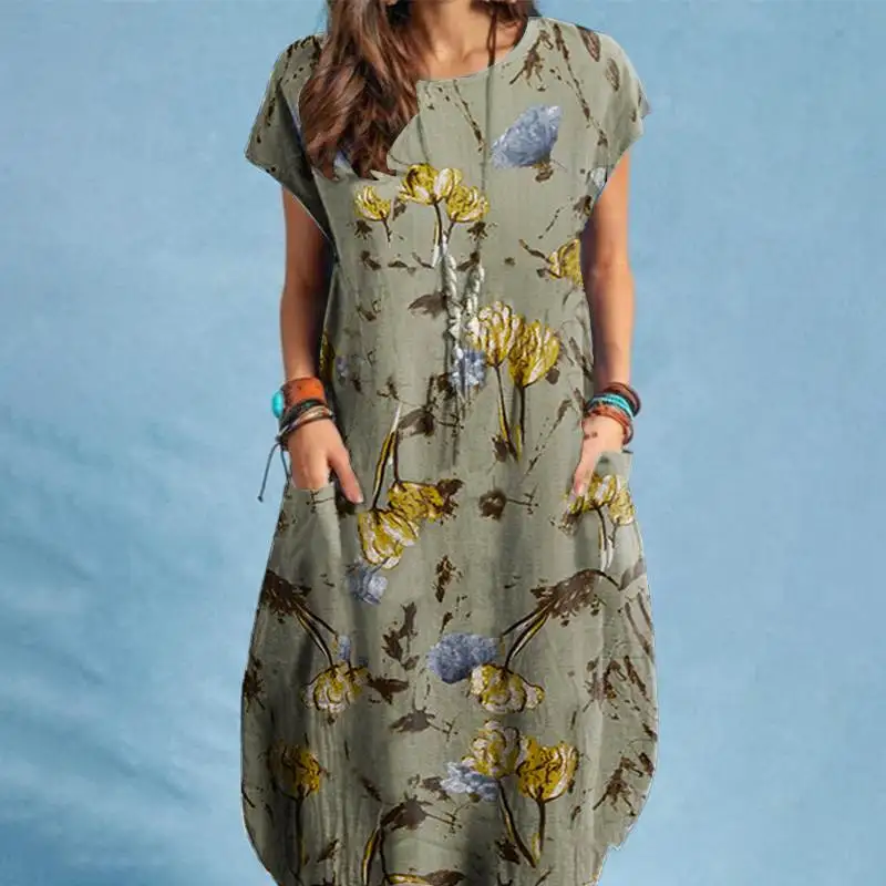 Letnia sukienka boho w kwiaty ZANZEA z kieszeniami Szary