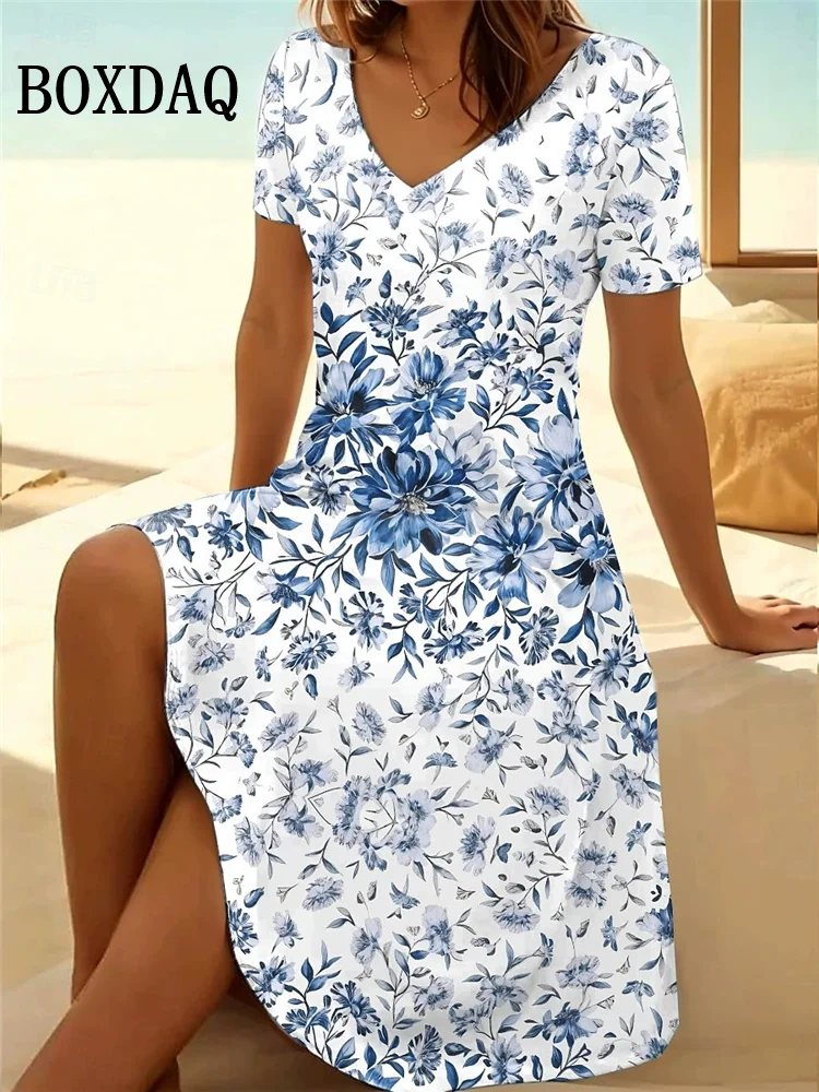 Letnia sukienka w kwiaty z dekoltem V plus size do 6XL Beżowy