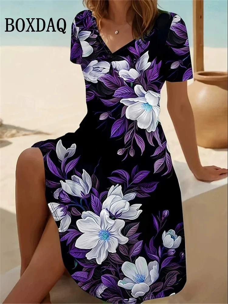 Letnia sukienka w kwiaty z dekoltem V plus size do 6XL Brązowy