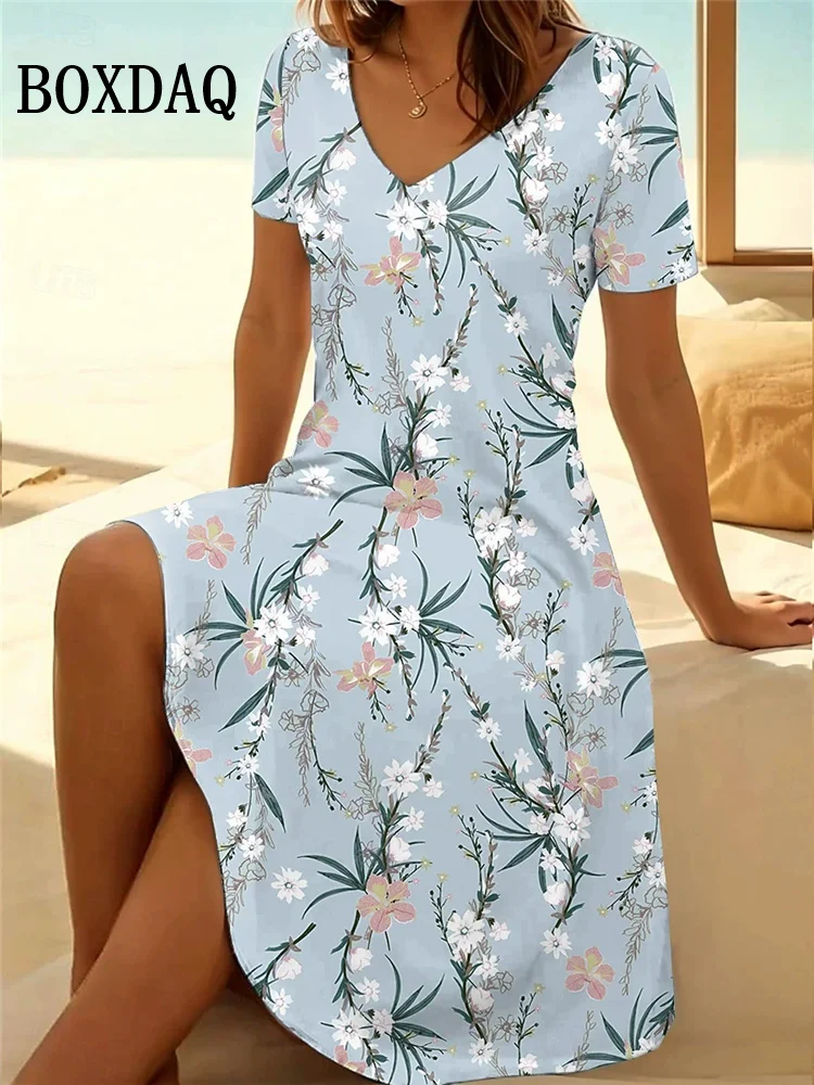 Letnia sukienka w kwiaty z dekoltem V plus size do 6XL Niebieski