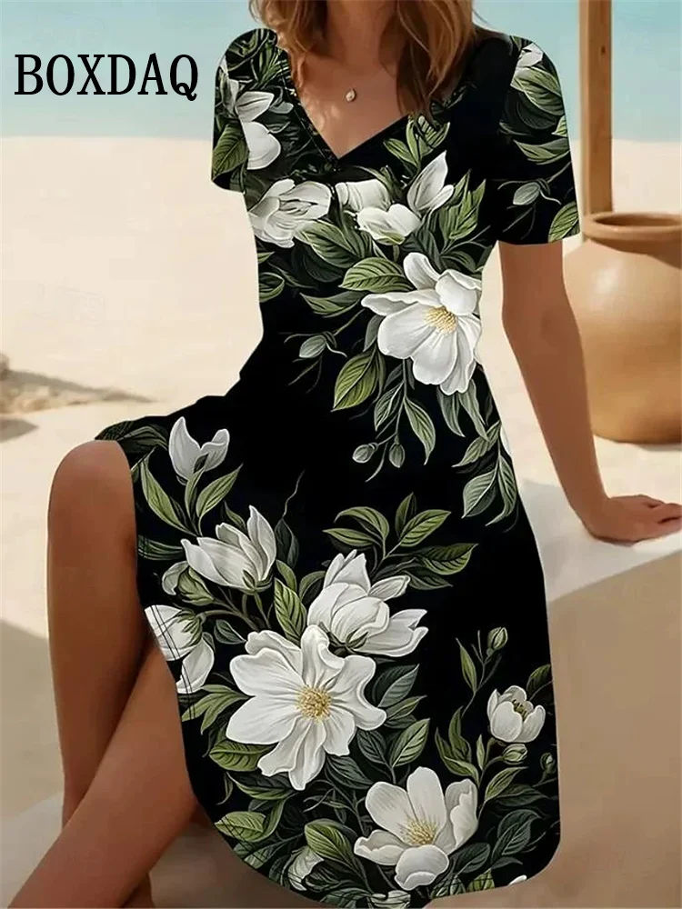 Letnia sukienka w kwiaty z dekoltem V plus size do 6XL Szary
