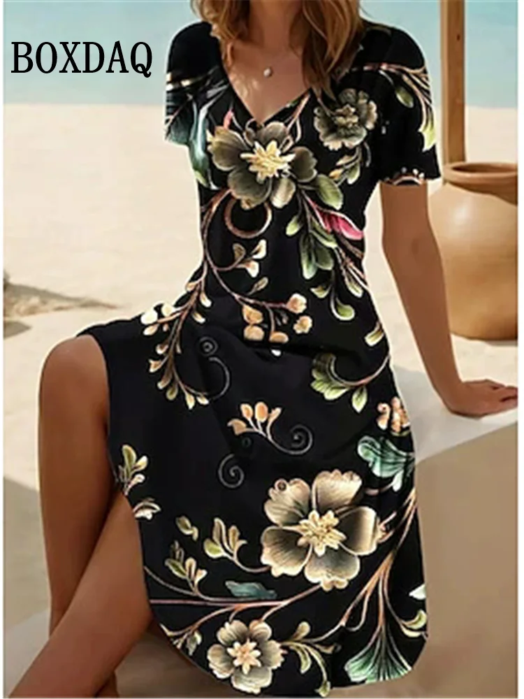 Letnia sukienka w kwiaty z dekoltem V plus size do 6XL Złoto