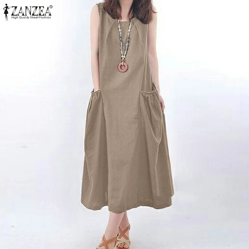 Letnia sukienka maxi bez rękawów casualowa oversize Khaki