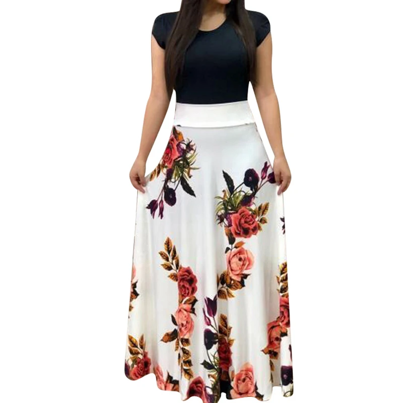 Letnia sukienka maxi w kwiaty boho z wysokim stanem 5XL Beżowy