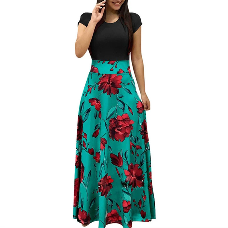 Letnia sukienka maxi w kwiaty boho z wysokim stanem 5XL Błękitny