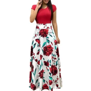 Letnia sukienka maxi w kwiaty boho z wysokim stanem 5XL Niebieski