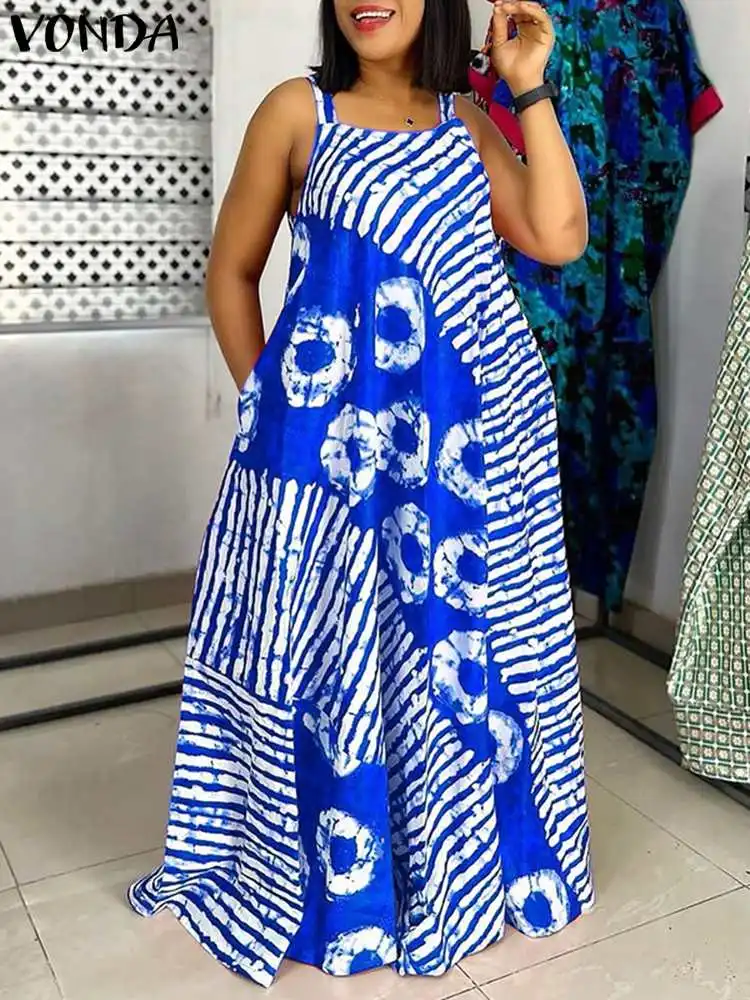 Letnia sukienka maxi w stylu boho z nadrukiem, bez rękawów Niebieski