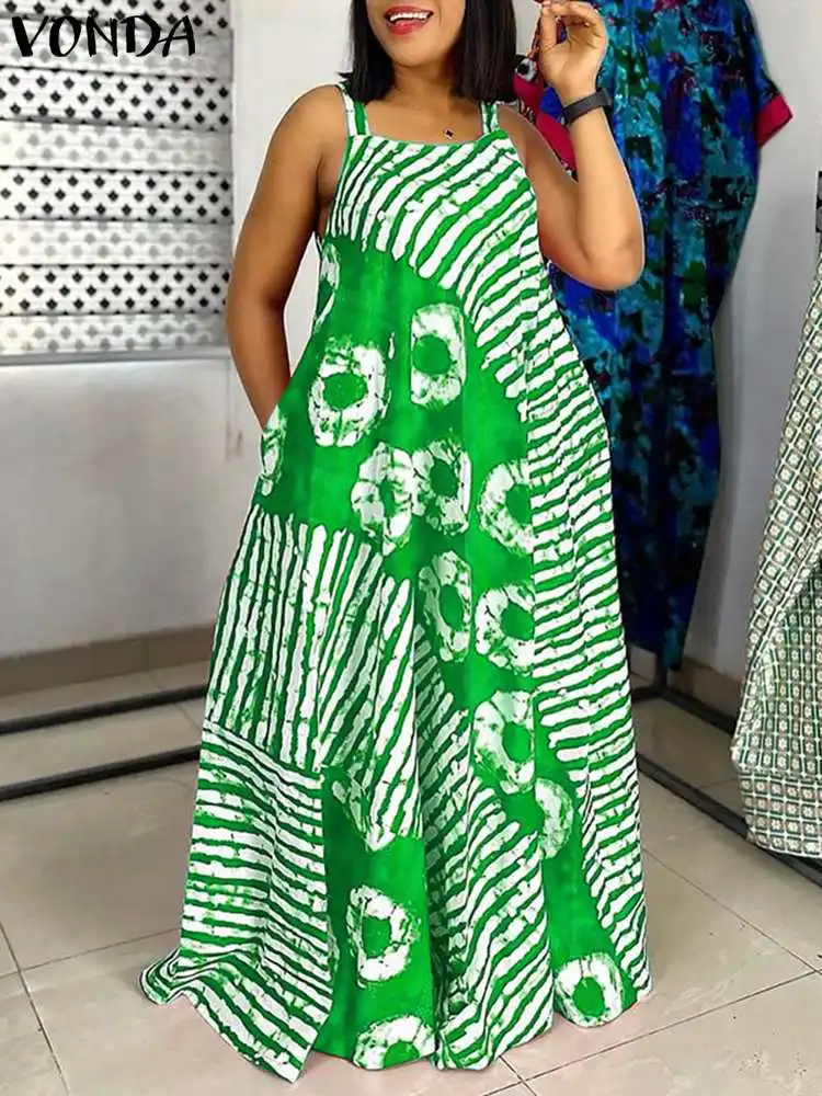 Letnia sukienka maxi w stylu boho z nadrukiem, bez rękawów Zielony