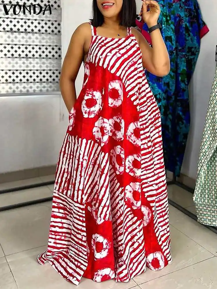 Letnia sukienka maxi w stylu boho z nadrukiem, bez rękawów Czerwony
