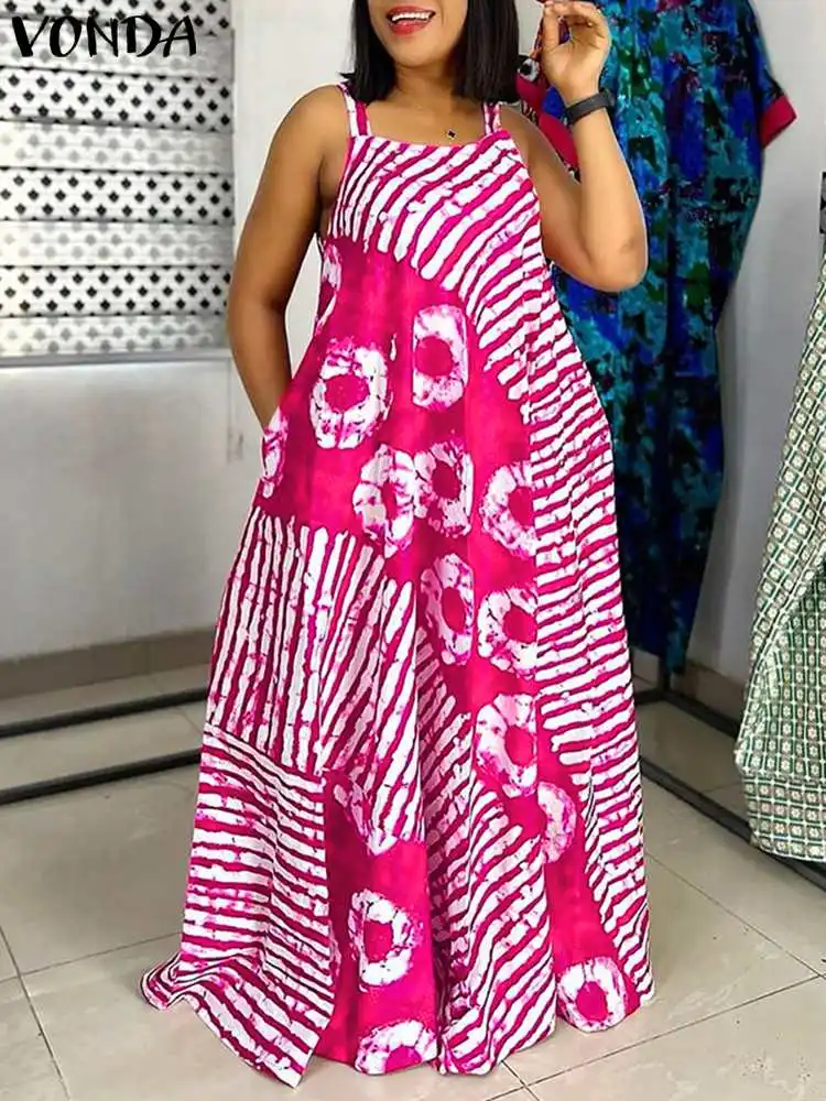 Letnia sukienka maxi w stylu boho z nadrukiem, bez rękawów Różowy