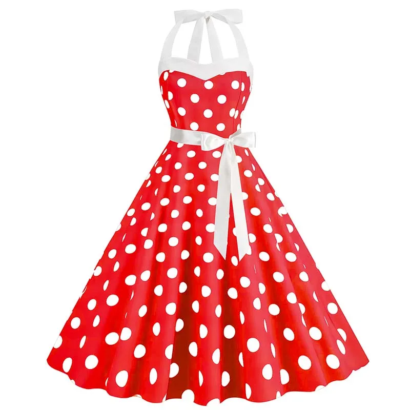 Letnia sukienka w grochy z paskiem w stylu retro Czerwony