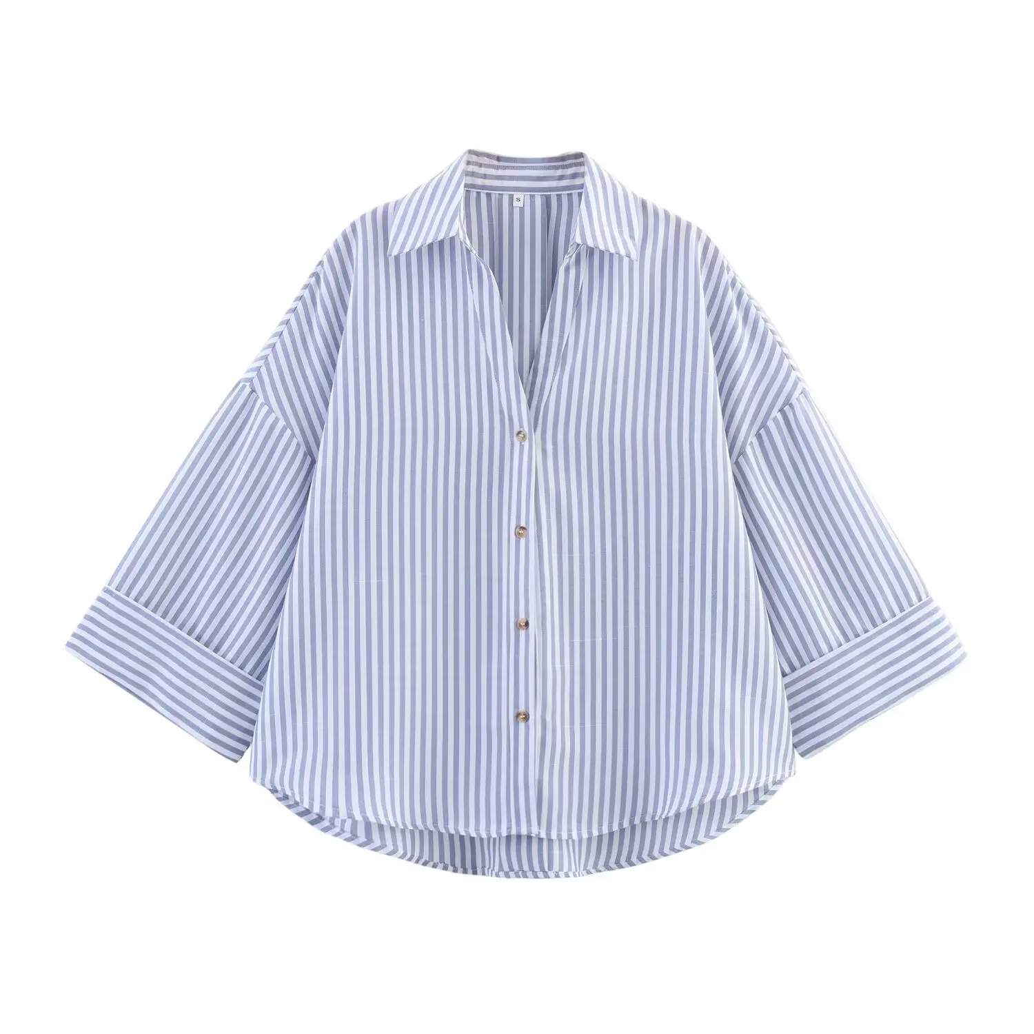 Lniana koszula damska z szerokim rękawem i asymetrycznym krojem Niebieski