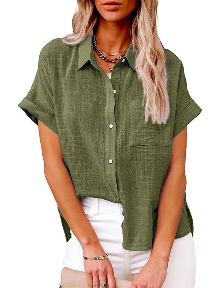 Lniana koszula oversize z krótkim rękawem — letnia tunika vintage Armijna zieleń