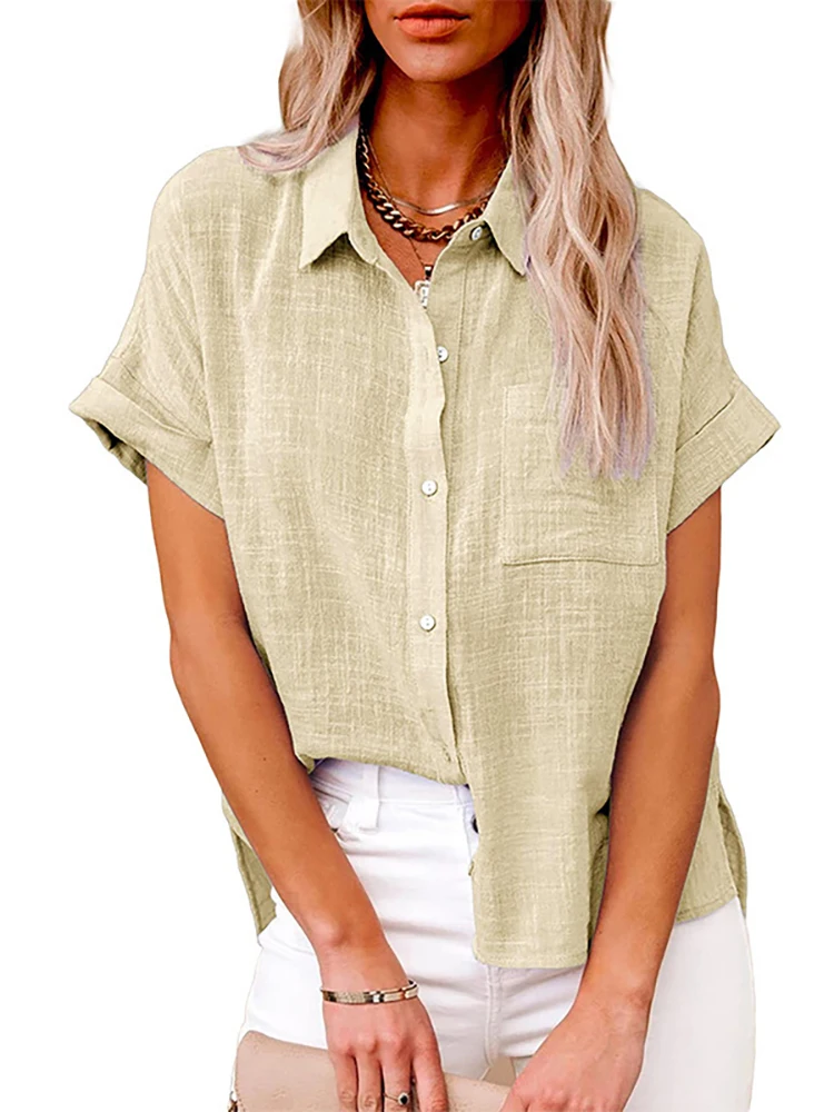 Lniana koszula oversize z krótkim rękawem — letnia tunika vintage Beżowy