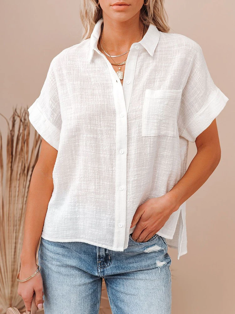 Lniana koszula oversize z krótkim rękawem — letnia tunika vintage Biały