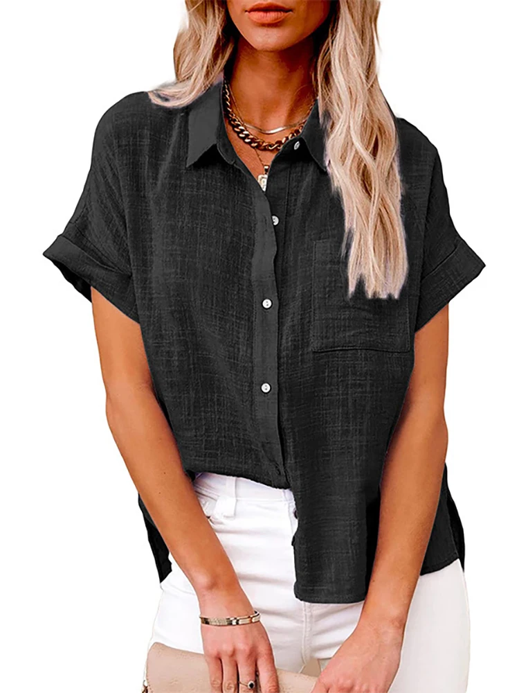 Lniana koszula oversize z krótkim rękawem — letnia tunika vintage Czarny