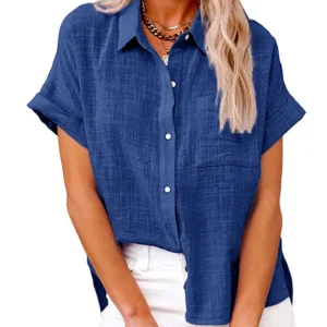 Lniana koszula oversize z krótkim rękawem — letnia tunika vintage Niebieski