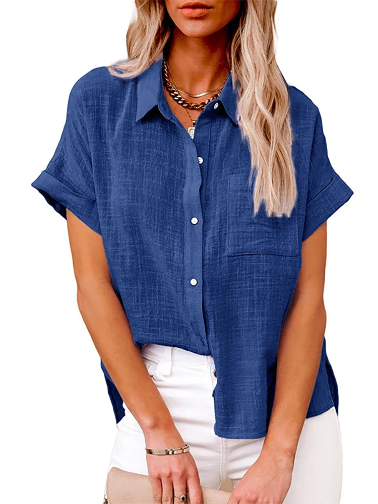 Lniana koszula oversize z krótkim rękawem — letnia tunika vintage Niebieski