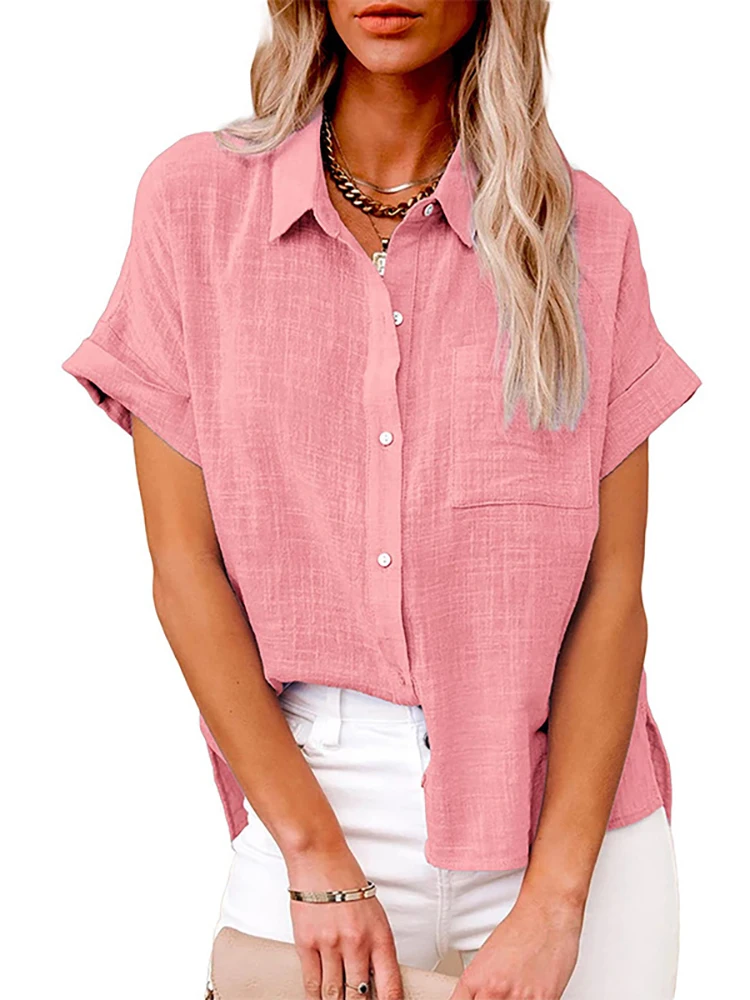 Lniana koszula oversize z krótkim rękawem — letnia tunika vintage Różowy