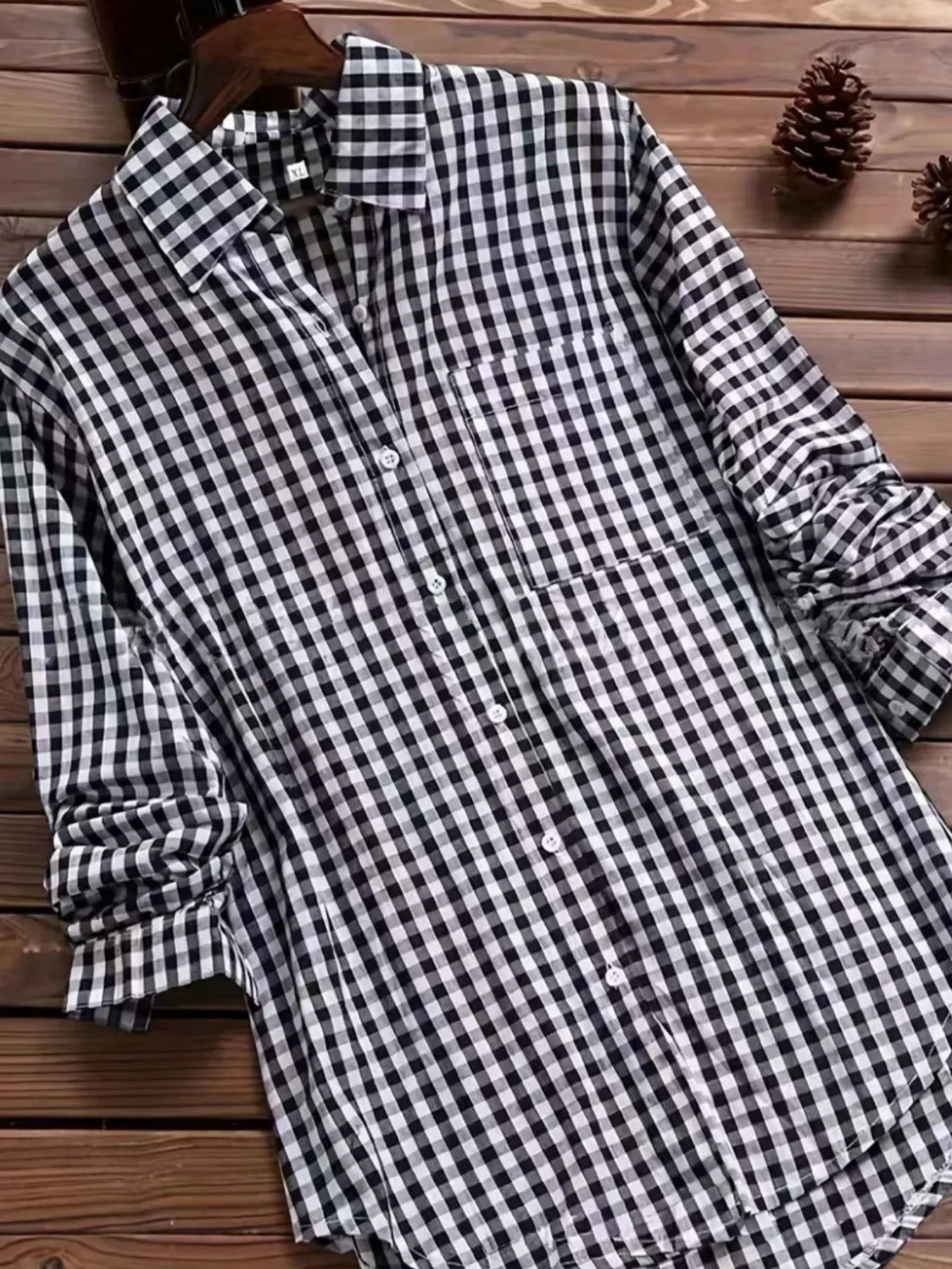 Lniana koszula w kratę plus size z dekoltem V Naturalny