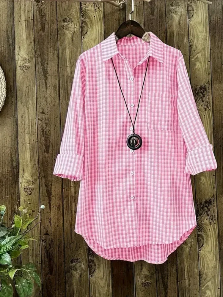 Lniana koszula w kratę plus size z dekoltem V Pomarańczowy