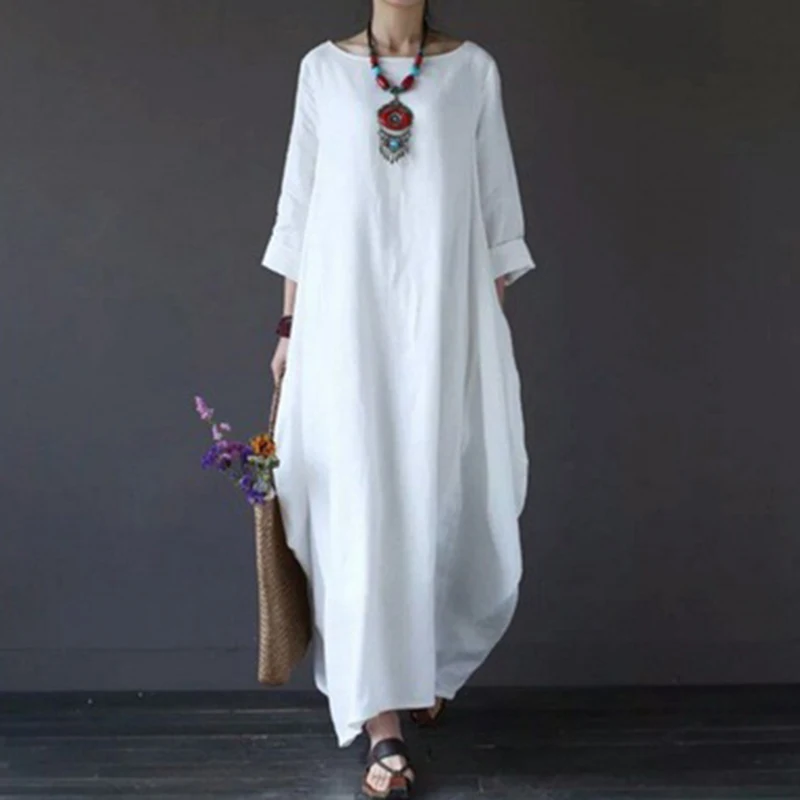 Lniana sukienka boho z długim rękawem w stylu vintage Beżowy