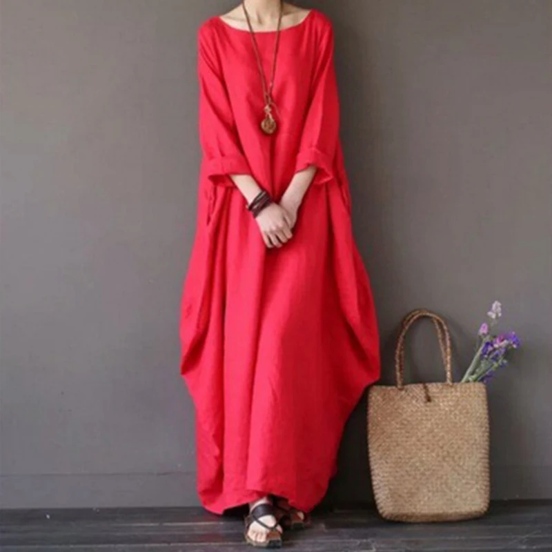 Lniana sukienka boho z długim rękawem w stylu vintage Czarny