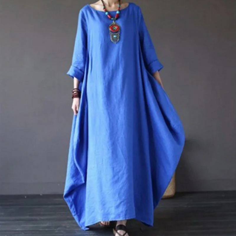 Lniana sukienka boho z długim rękawem w stylu vintage Fioletowy