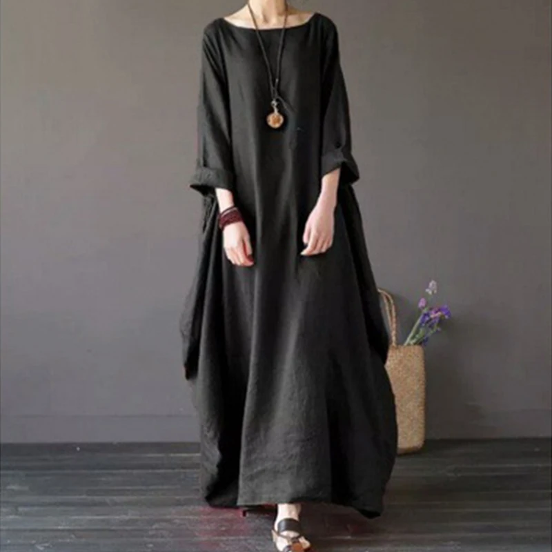 Lniana sukienka boho z długim rękawem w stylu vintage Niebieski