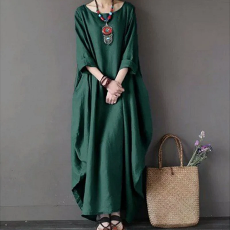 Lniana sukienka boho z długim rękawem w stylu vintage Pomarańczowy