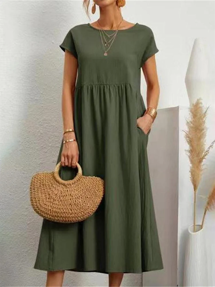 Lniana sukienka maxi vintage z kieszeniami i okrągłym dekoltem Armijna zieleń