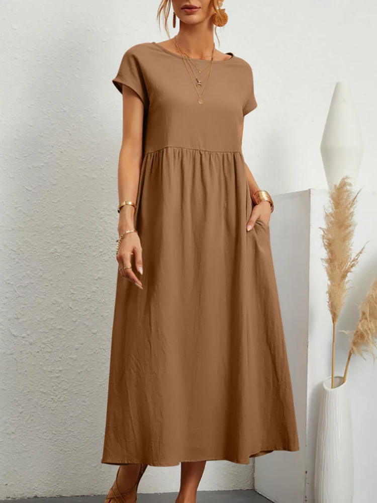 Lniana sukienka maxi vintage z kieszeniami i okrągłym dekoltem Brązowy