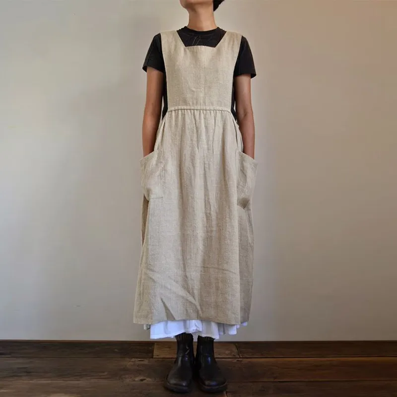Lniana sukienka midi oversize z kieszeniami Beżowy