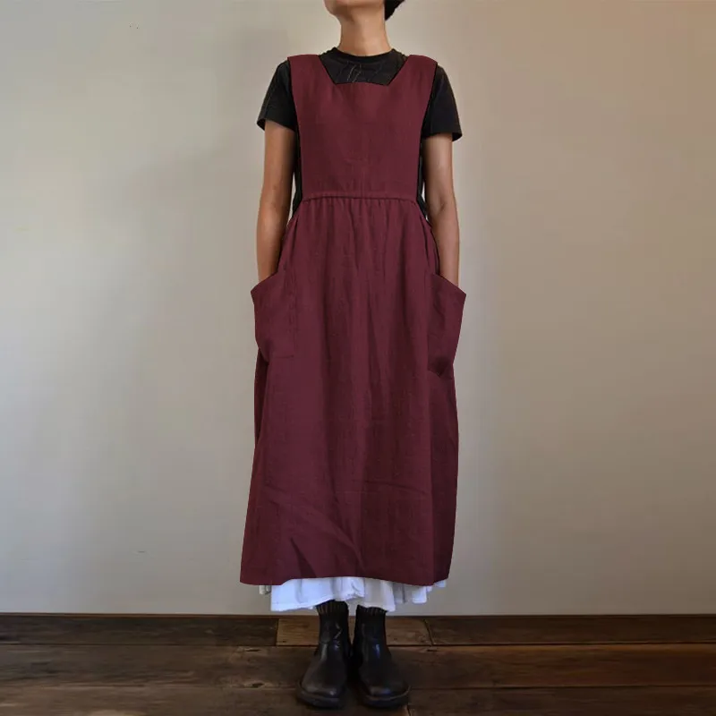Lniana sukienka midi oversize z kieszeniami Burgundia