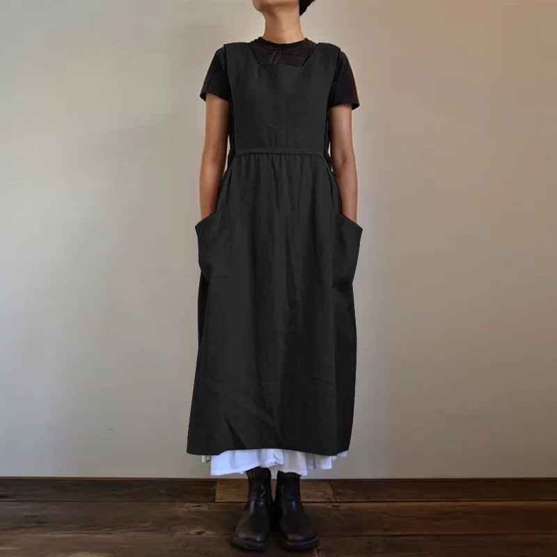 Lniana sukienka midi oversize z kieszeniami Czarny