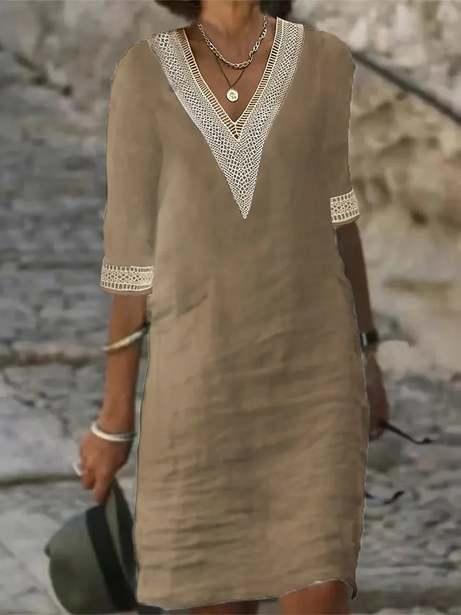 Lniana sukienka mini z dekoltem w serek w stylu retro Khaki