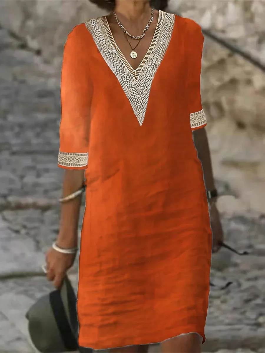 Lniana sukienka mini z dekoltem w serek w stylu retro Oranje