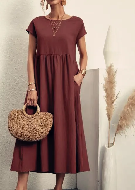 Lniana sukienka vintage z krótkim rękawem casualowa maxi Armijna zieleń