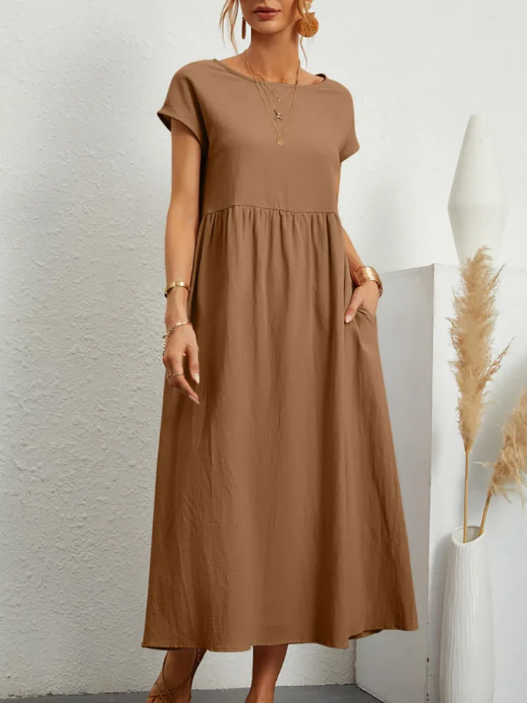 Lniana sukienka vintage z krótkim rękawem casualowa maxi Beżowy