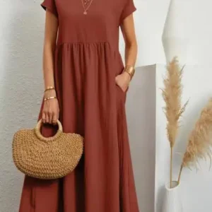 Lniana sukienka vintage z krótkim rękawem casualowa maxi Brązowy