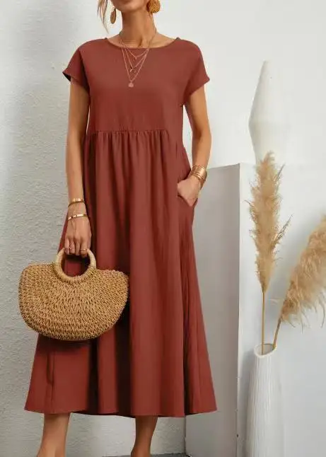 Lniana sukienka vintage z krótkim rękawem casualowa maxi Brązowy