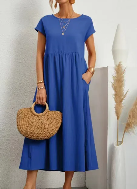Lniana sukienka vintage z krótkim rękawem casualowa maxi Ciemnoszary