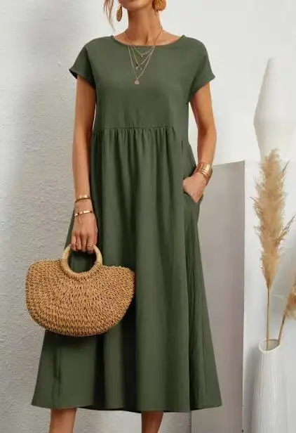 Lniana sukienka vintage z krótkim rękawem casualowa maxi Szary