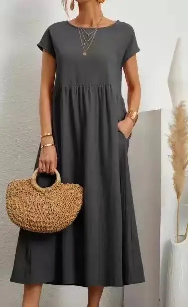 Lniana sukienka vintage z krótkim rękawem casualowa maxi Zielony