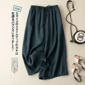 Lniane spodnie Capri w stylu koreańskim, luźne i przewiewne na lato Ciemnozielony