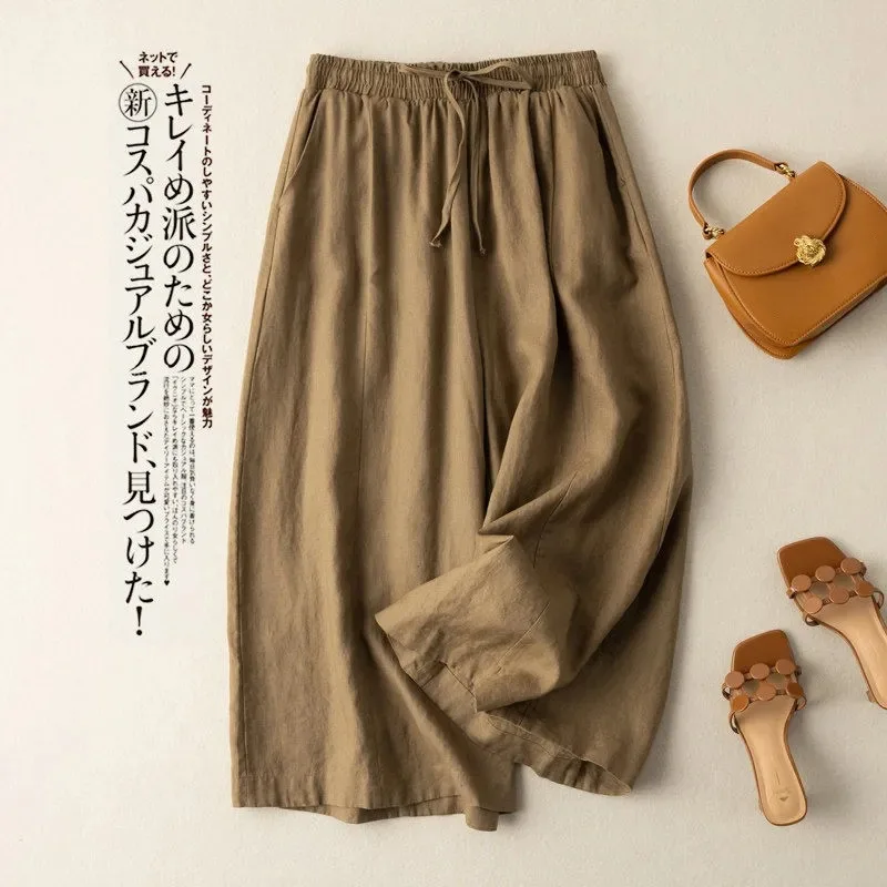 Lniane spodnie Capri w stylu koreańskim, luźne i przewiewne na lato Khaki