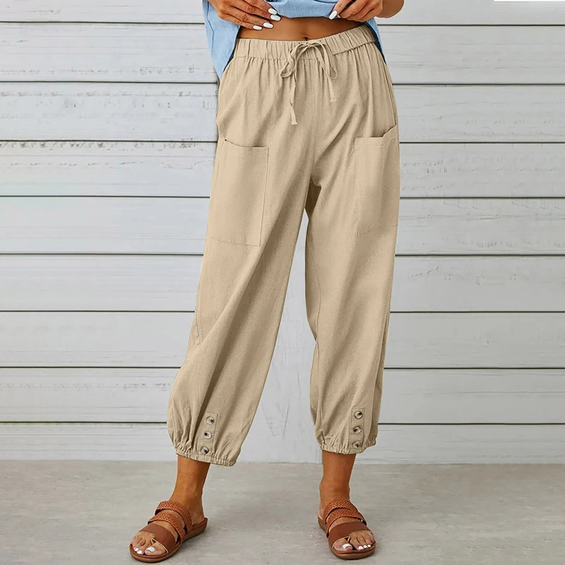 Lniane spodnie haremowe damskie z elastyczną talią vintage Khaki