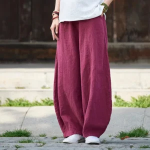Lniane spodnie z szerokimi nogawkami damskie eleganckie vintage Burgundia