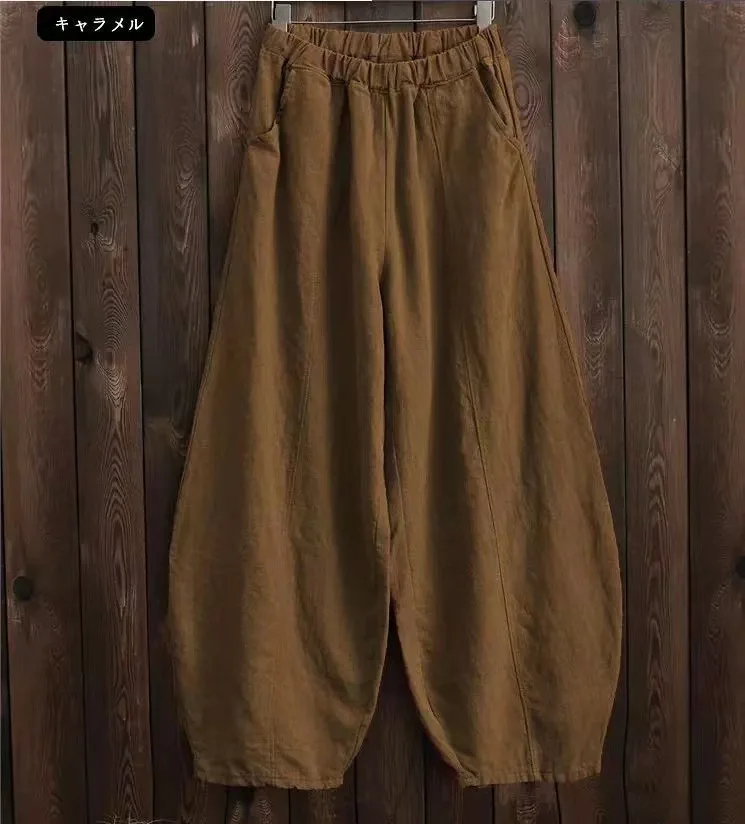 Lniane spodnie z szerokimi nogawkami damskie eleganckie vintage Ciemny brąz