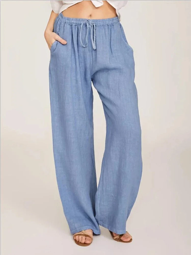 Lniane spodnie z elastycznym pasem i kieszeniami Jasnoniebieski